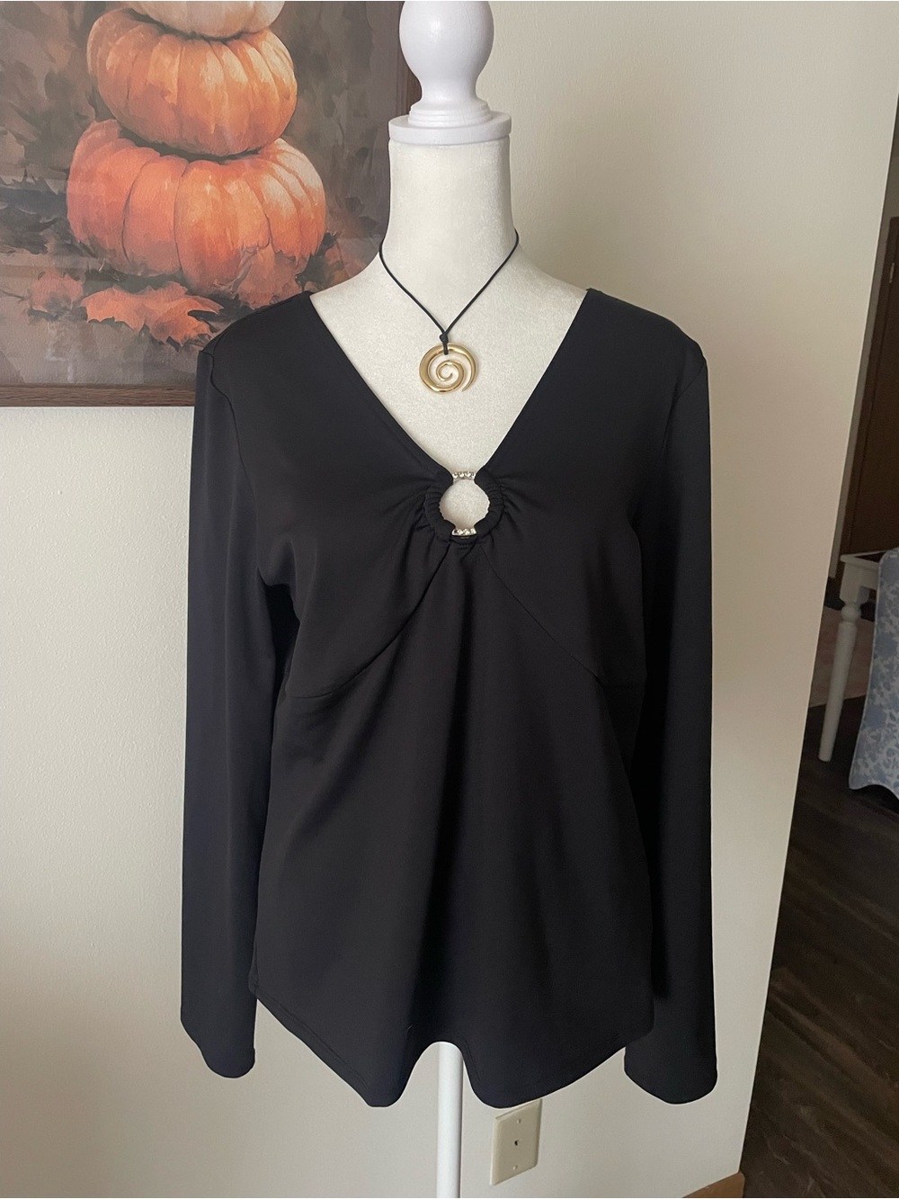 Fashion Bug 90s Y2K Vintage Black Rhinestone O-Ring V-Neck Top XL